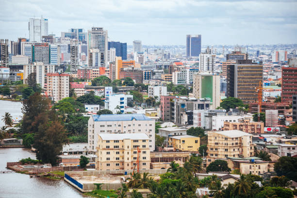 lagos, nigeria aerial view to victoria island cityscape from high point.